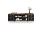 BDi Elements 8709 Media + Storage Console in Natural Walnut, middle doors open with decor, on white, with Constellation door fronts