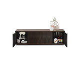 BDi Elements 8703 Media + Storage Cabinet in Toasted Oak, outer doors open with kitchen items, on white, with Tune door fronts