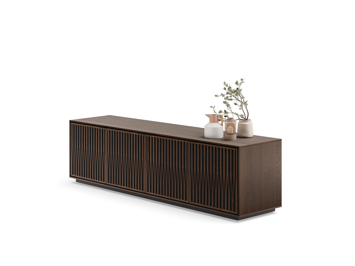 BDi Elements 8703 Media + Storage Cabinet in Toasted Oak, angled from the right with decor, on white, with Tune door fronts