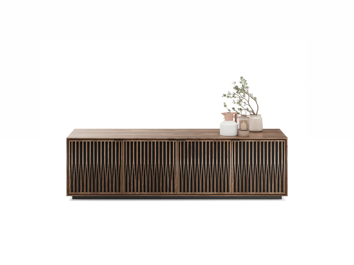 BDi Elements 8703 Media + Storage Cabinet in Natural Walnut, front view with decor, on white, with Tune door fronts