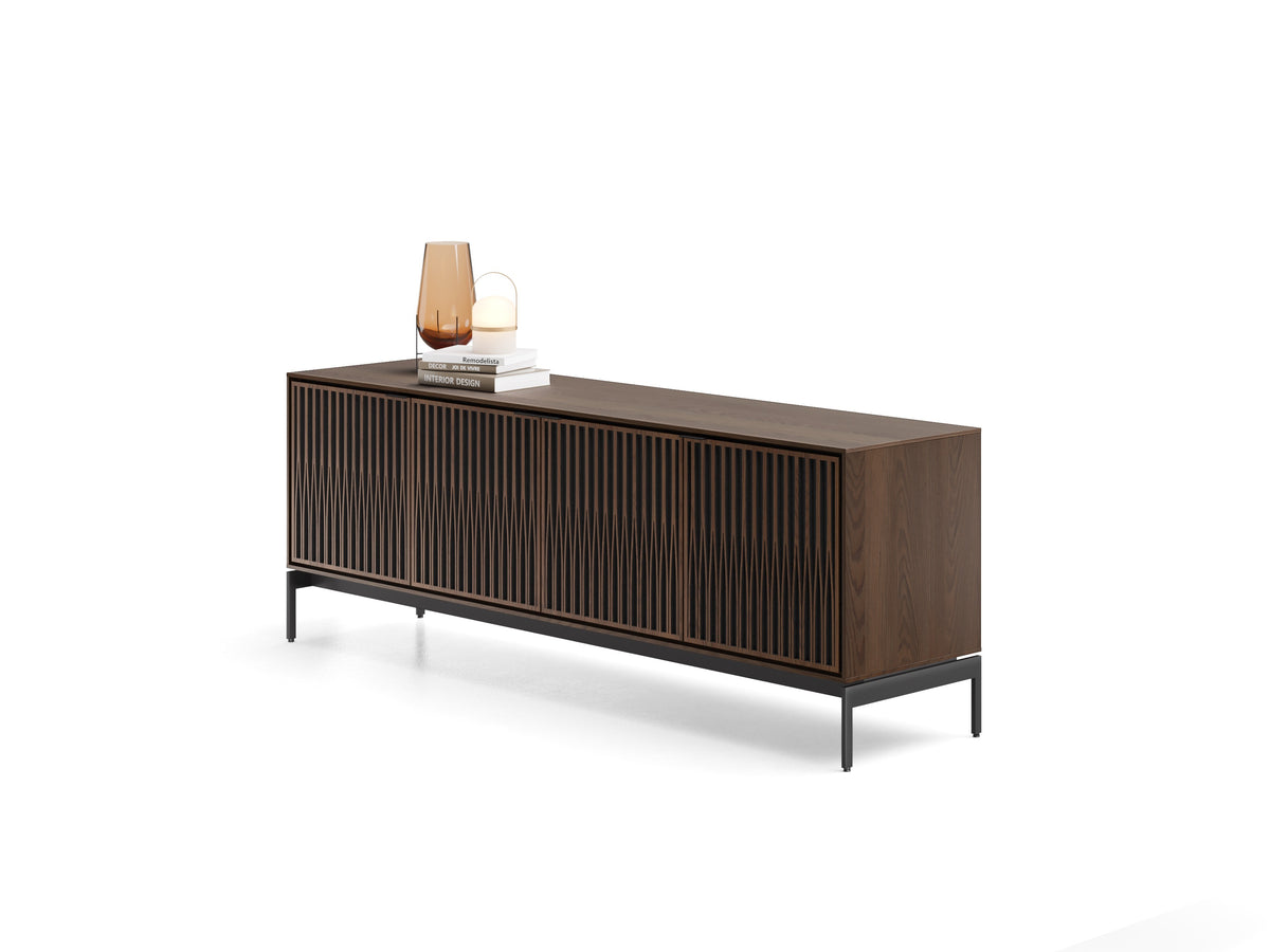 BDi Elements 8709 Media + Storage Console in Toasted Oak, angled from the right with decor, on white, with Tune door fronts