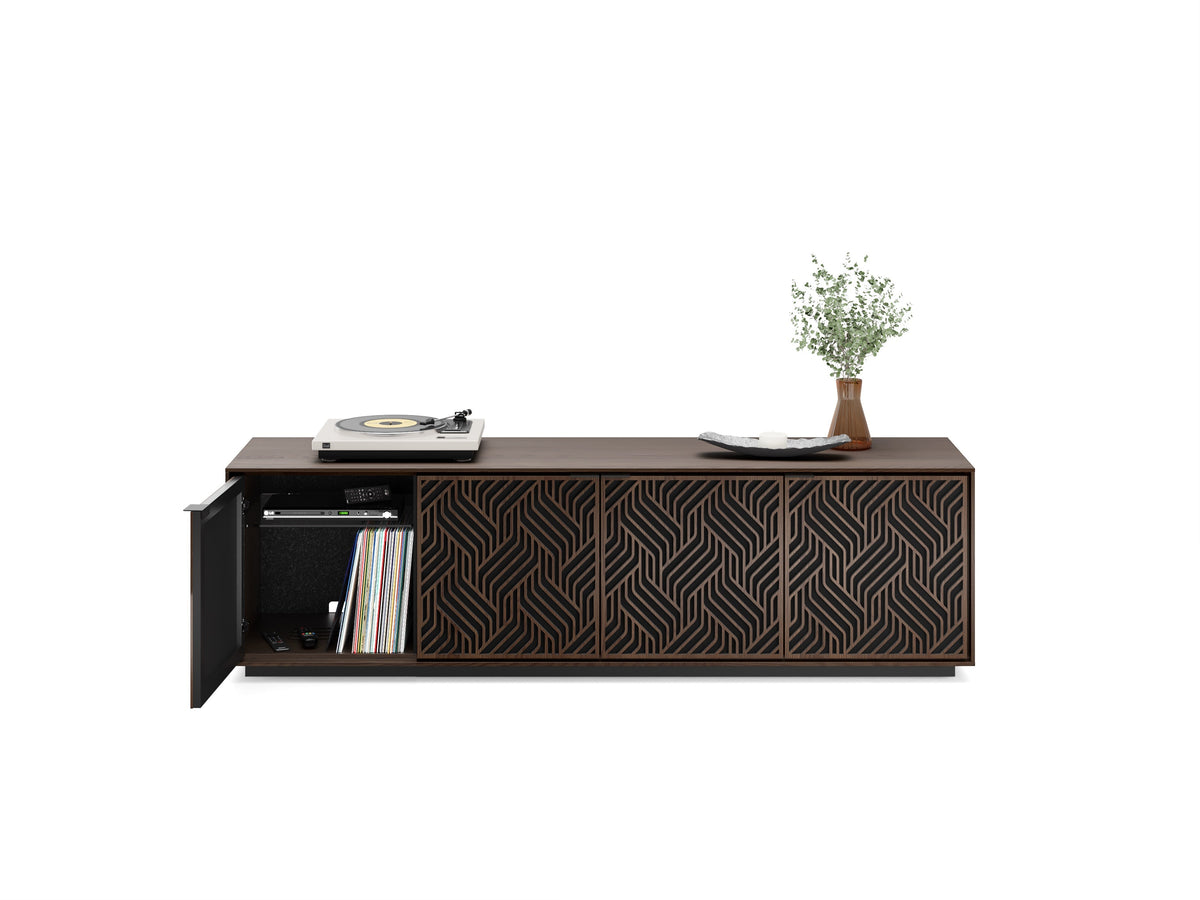 BDi Elements 8703 Media + Storage Cabinet in Toasted Oak, left door open with records and a turntable, on white, with Weave door fronts