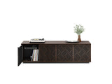 BDi Elements 8703 Media + Storage Cabinet in Toasted Oak, left door open with records and a turntable, on white, with Weave door fronts