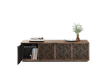 BDi Elements 8703 Media + Storage Cabinet in Natural Walnut, left door open with records and a turntable, on white, with Weave door fronts