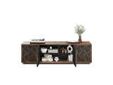 BDi Elements 8703 Media + Storage Cabinet in Natural Walnut, middle doors open with decor, on white, with Weave door fronts