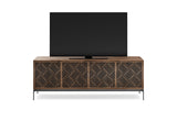BDi Elements 8709 Media + Storage Console in Natural Walnut, front view with a TV, on white, with Weave door fronts