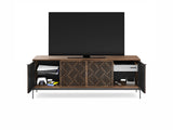 BDi Elements 8709 Media + Storage Console in Natural Walnut, outer doors open with a TV and game consoles, on white, with Weave door fronts