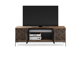 BDi Elements 8709 Media + Storage Console in Natural Walnut, middle doors open with a TV and media equipment, on white, with Weave door fronts