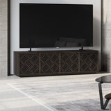 BDi Elements 8703 Media + Storage Cabinet in Toasted Oak, in a living room under a TV, with Weave door fronts