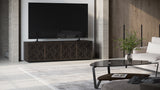 BDi Elements 8703 Media + Storage Cabinet in Toasted Oak, in a living room under a TV, with Weave door fronts