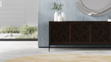 BDi Elements 8709 Media + Storage Console in Toasted Oak, under a round mirror, close view, with Weave door fronts