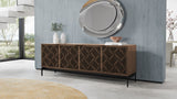 BDi Elements 8709 Media + Storage Console in Natural Walnut, full view under a round mirror, with Weave door fronts
