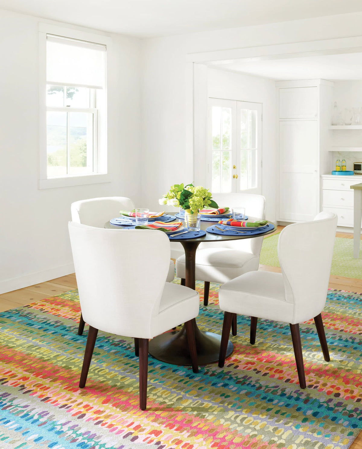 Dash & Albert Paint Chip Hand Micro Hooked Wool Rug in Multicolour, dining room setting