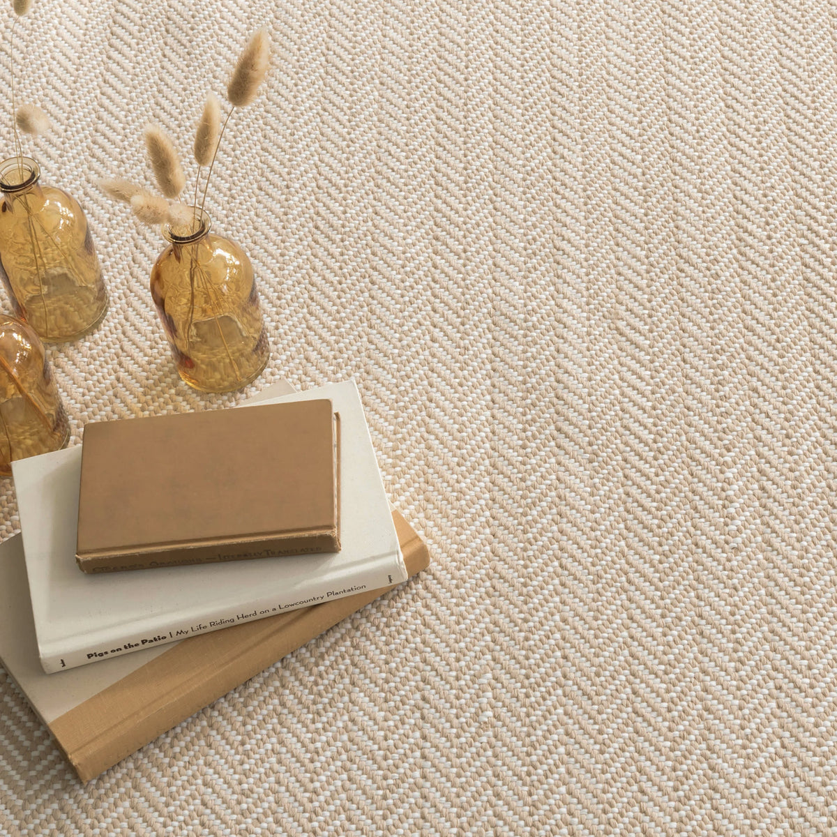 Dash & Albert Herringbone Handwoven Indoor/Outdoor Rug in Linen / White, close-up with books