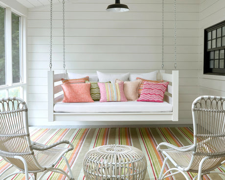 Dash & Albert Stone Soup Handwoven Indoor/Outdoor Rug in Multi, porch setting