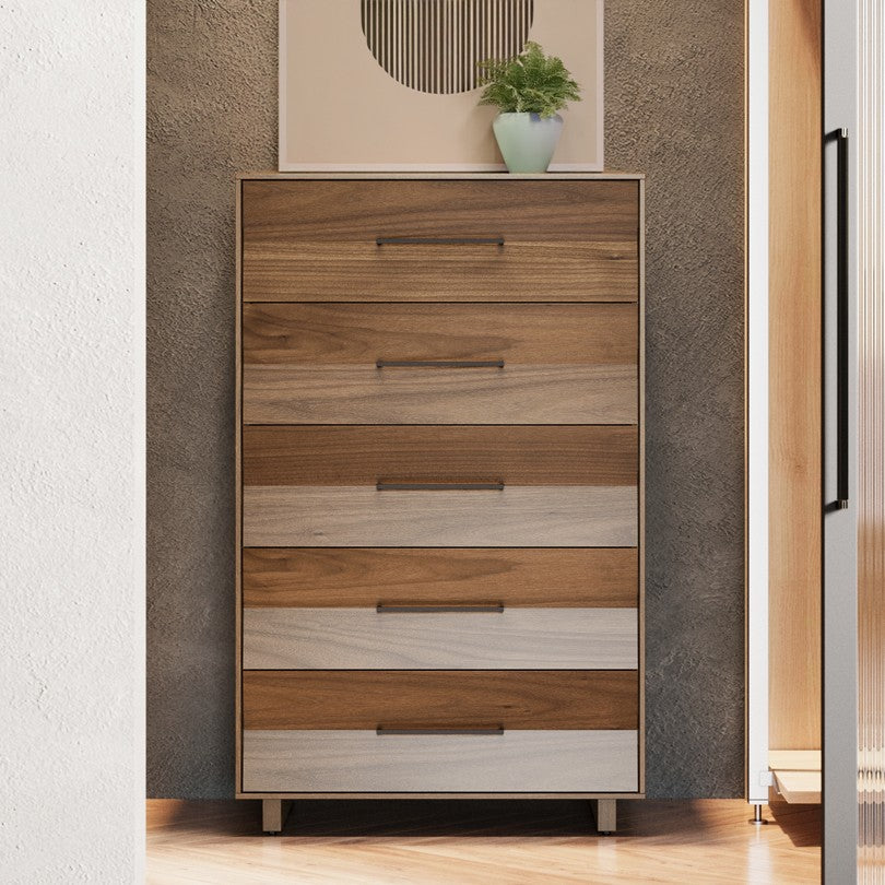 BDi KAVA 5-Drawer Chest in Natural Walnut, in a room beside a dresser