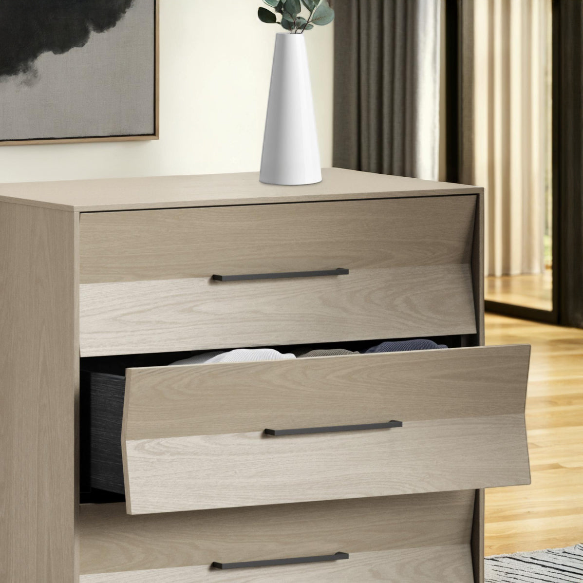 BDi KAVA 5-Drawer Chest in Washed Oak, drawer open, close-up