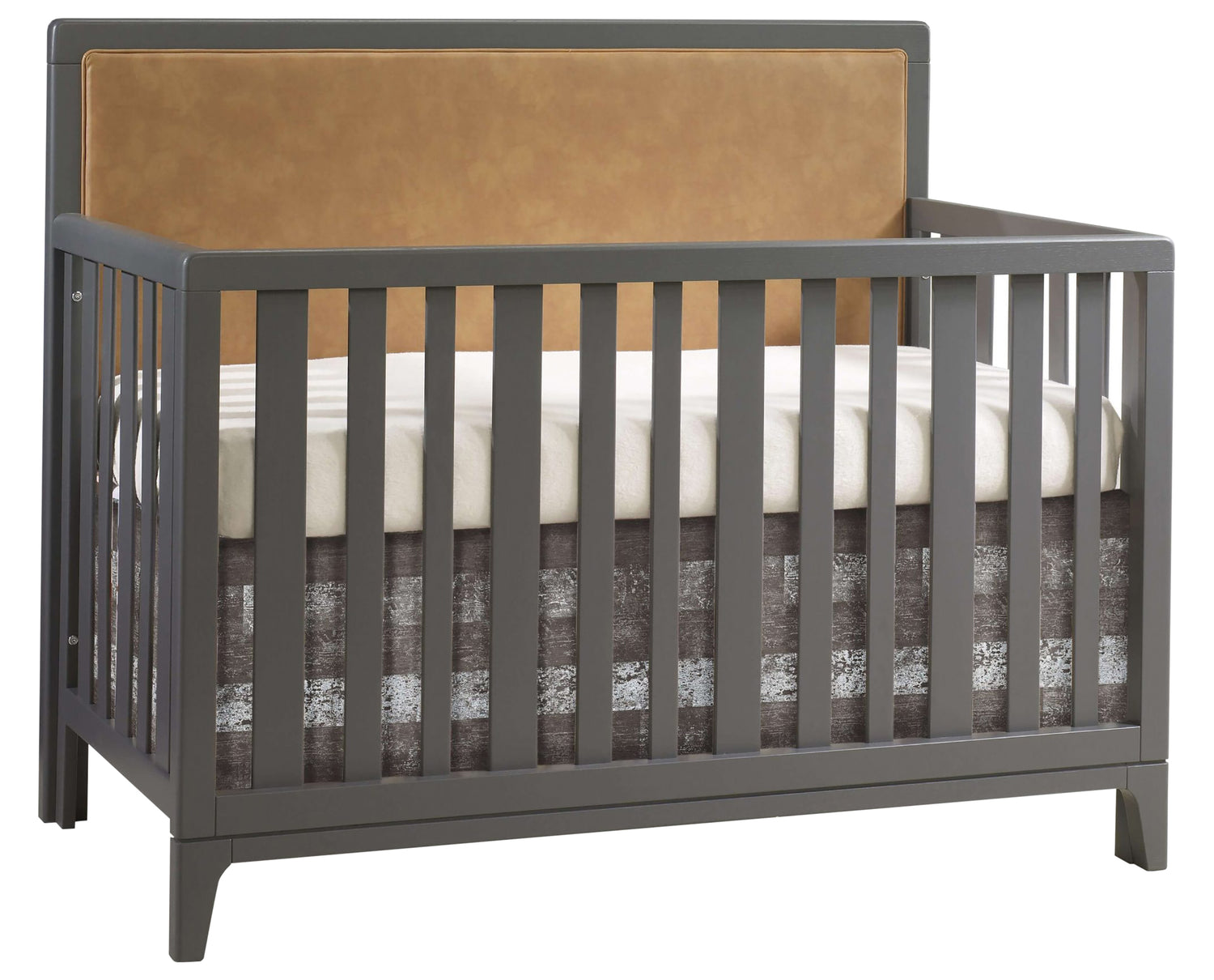 Charcoal Oak with Caramel Bonded Leather | Kyoto Convertible Crib w/Caramel Upholstered Headboard Panel | Valley Ridge Furniture