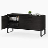 BDi Linea 6220 Multi Function Cabinet in Charcoal Stained Ash, door open, printer shelf pushed in, on white