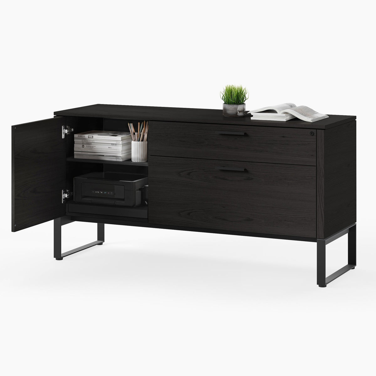 BDi Linea 6220 Multi Function Cabinet in Charcoal Stained Ash, door open, printer shelf pushed in, on white