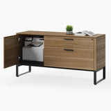 BDi Linea 6220 Multi Function Cabinet in Natural Walnut, door open, printer shelf pushed in, on white
