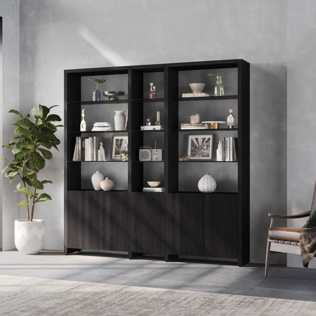 BDi Linea 3-Shelf System in Charcoal Stained Ash, in a room setting, 81" Wide size