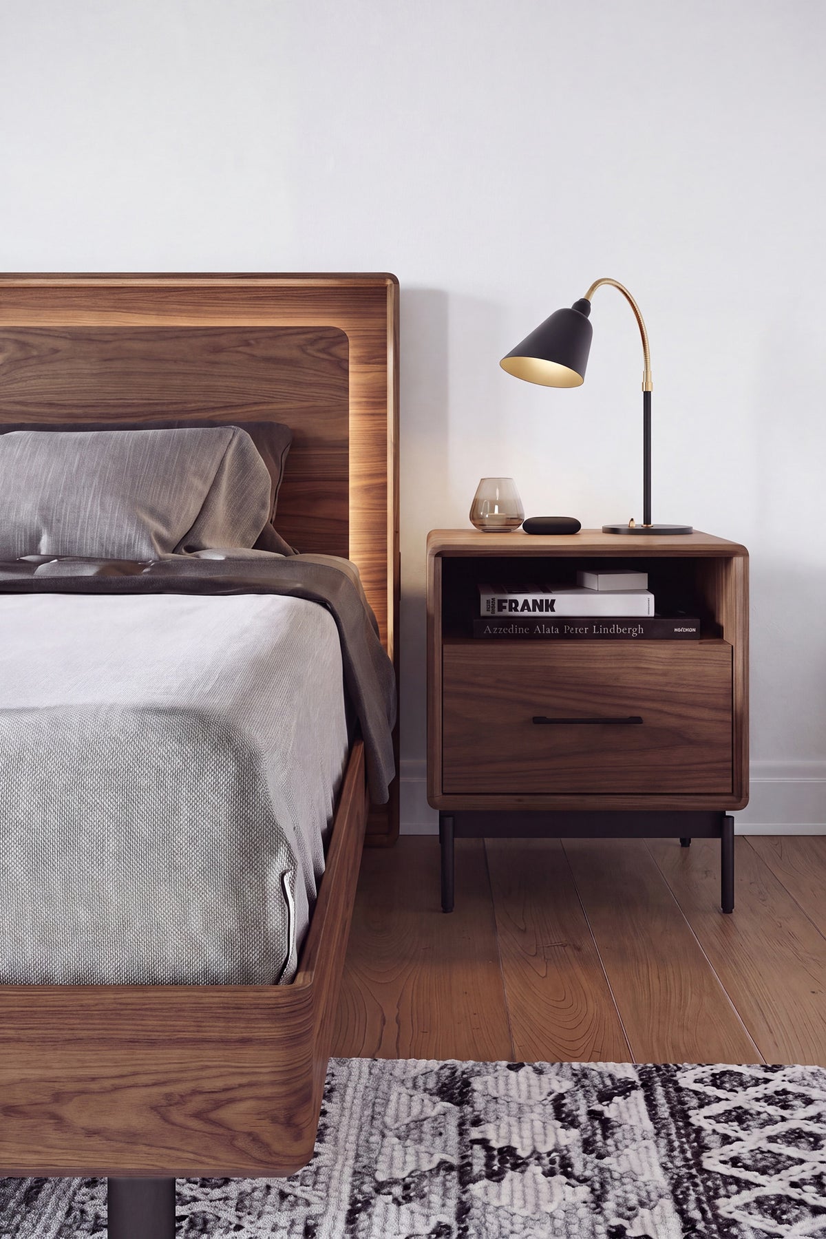 BDi Linq Nightstand in Natural Walnut, 22-inch, beside a bed