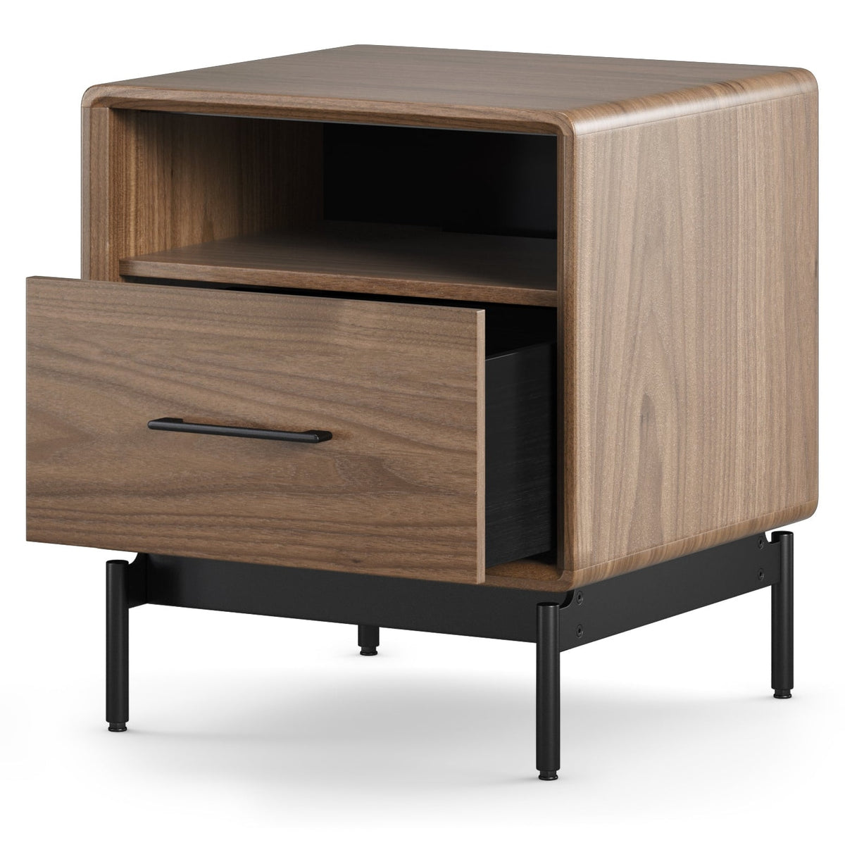 BDi Linq Nightstand in Natural Walnut, 22-inch, drawer open, on white