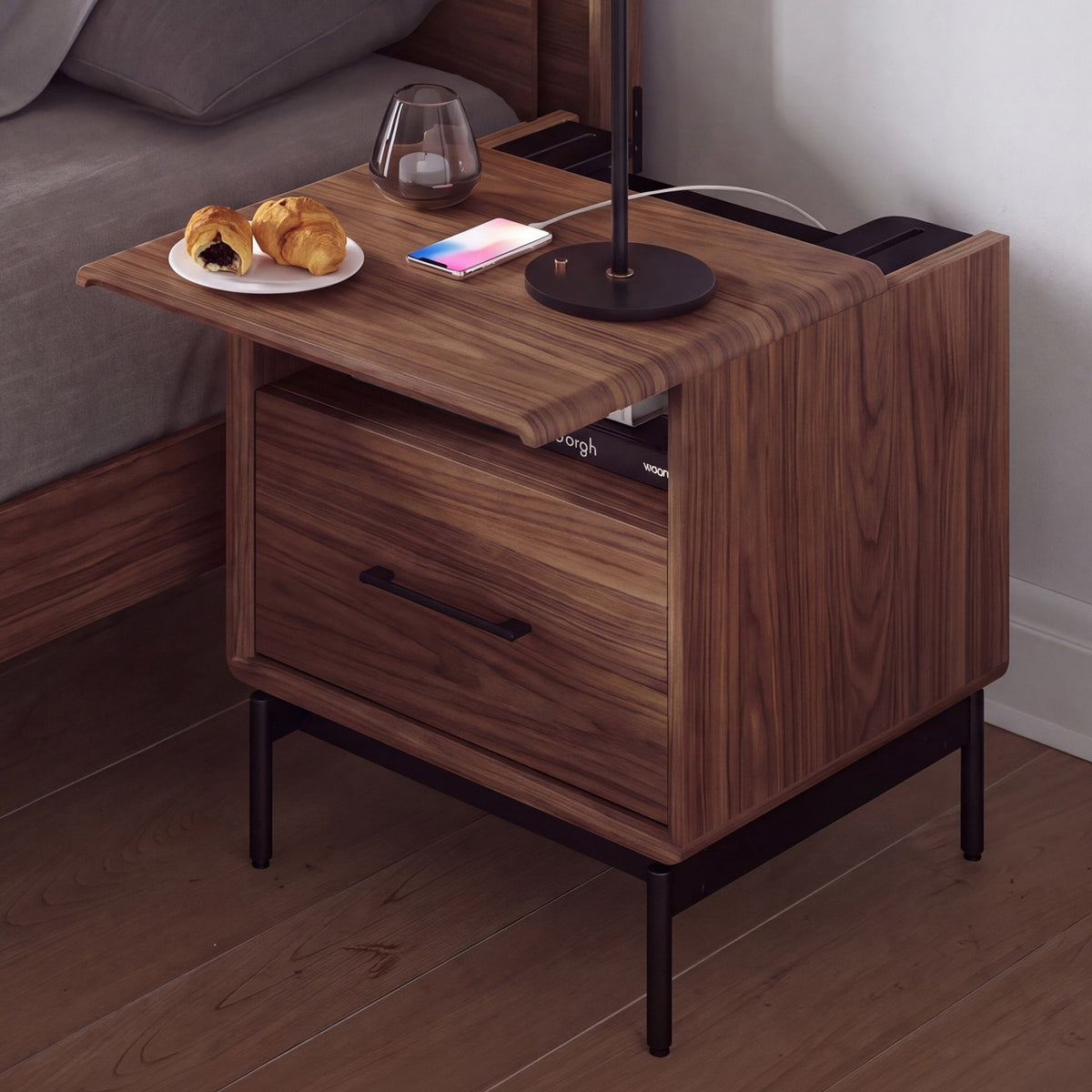 BDi Linq Nightstand in Natural Walnut, 22-inch with the top slid over the bed