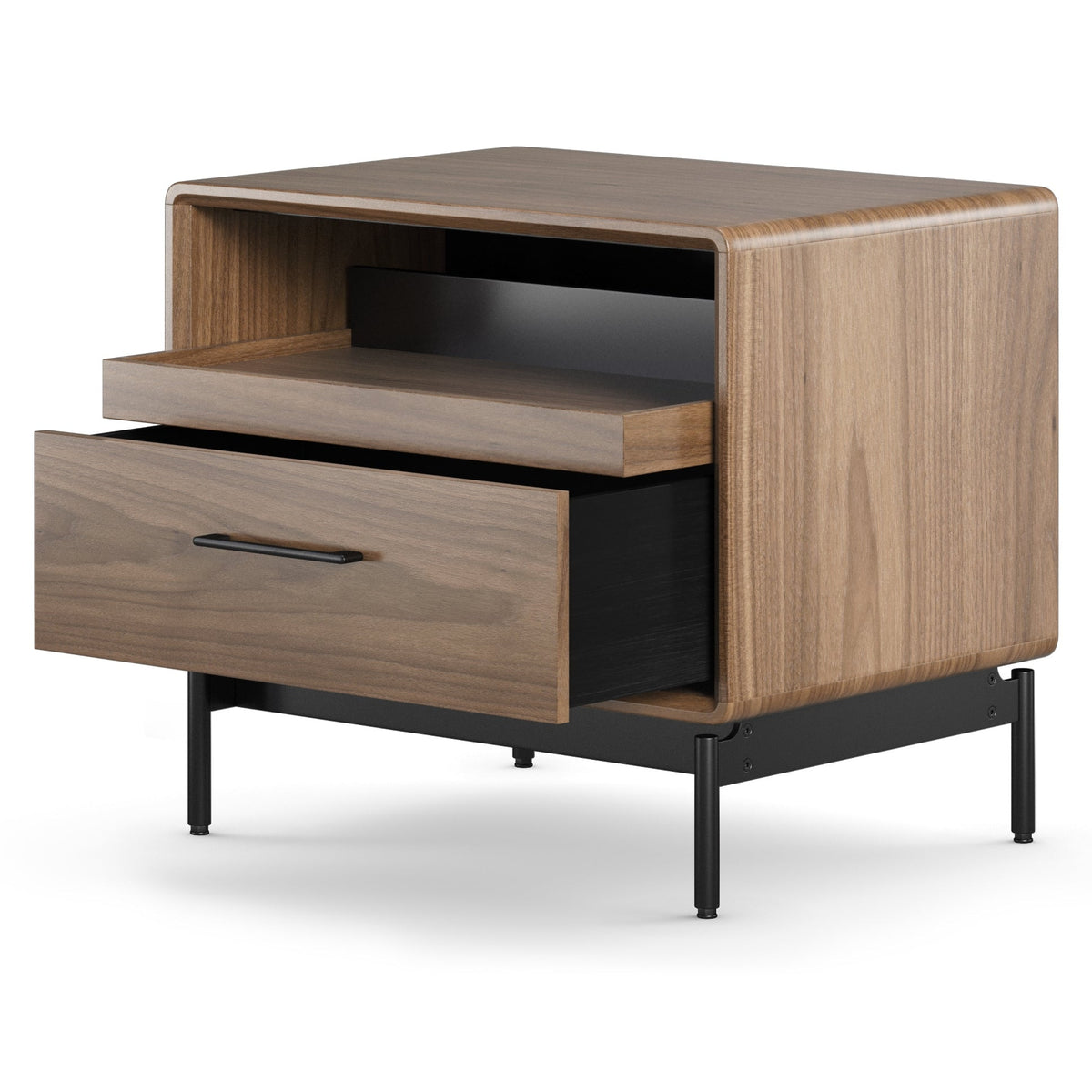 BDi Linq Nightstand in Natural Walnut, 28-inch, tray and drawer open, on white
