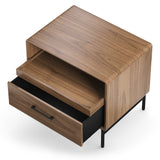BDi Linq Nightstand in Natural Walnut, 28-inch, tray and drawer open, seen from above, on white
