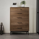 BDi Linq 9185 5 Drawer Chest in Natural Walnut, in a room beside an upholstered bench