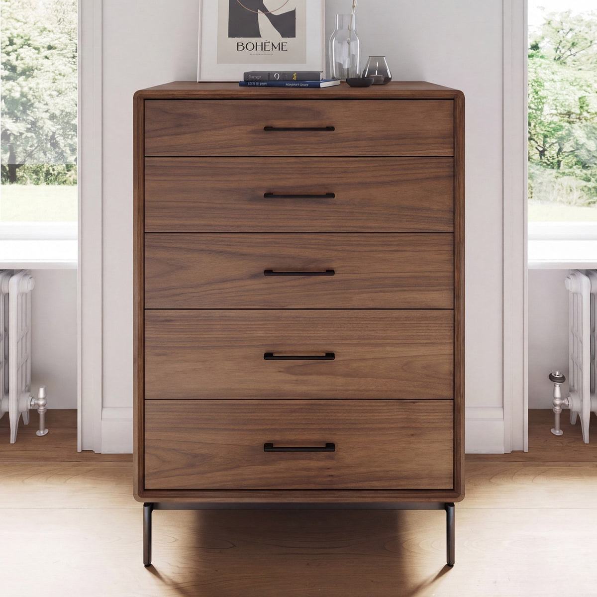 BDi Linq 9185 5 Drawer Chest in Natural Walnut, between two windows in a bright room