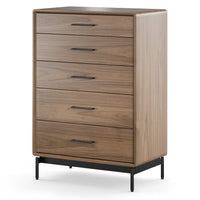 BDi Linq 9185 5 Drawer Chest in Natural Walnut, angled view, on white