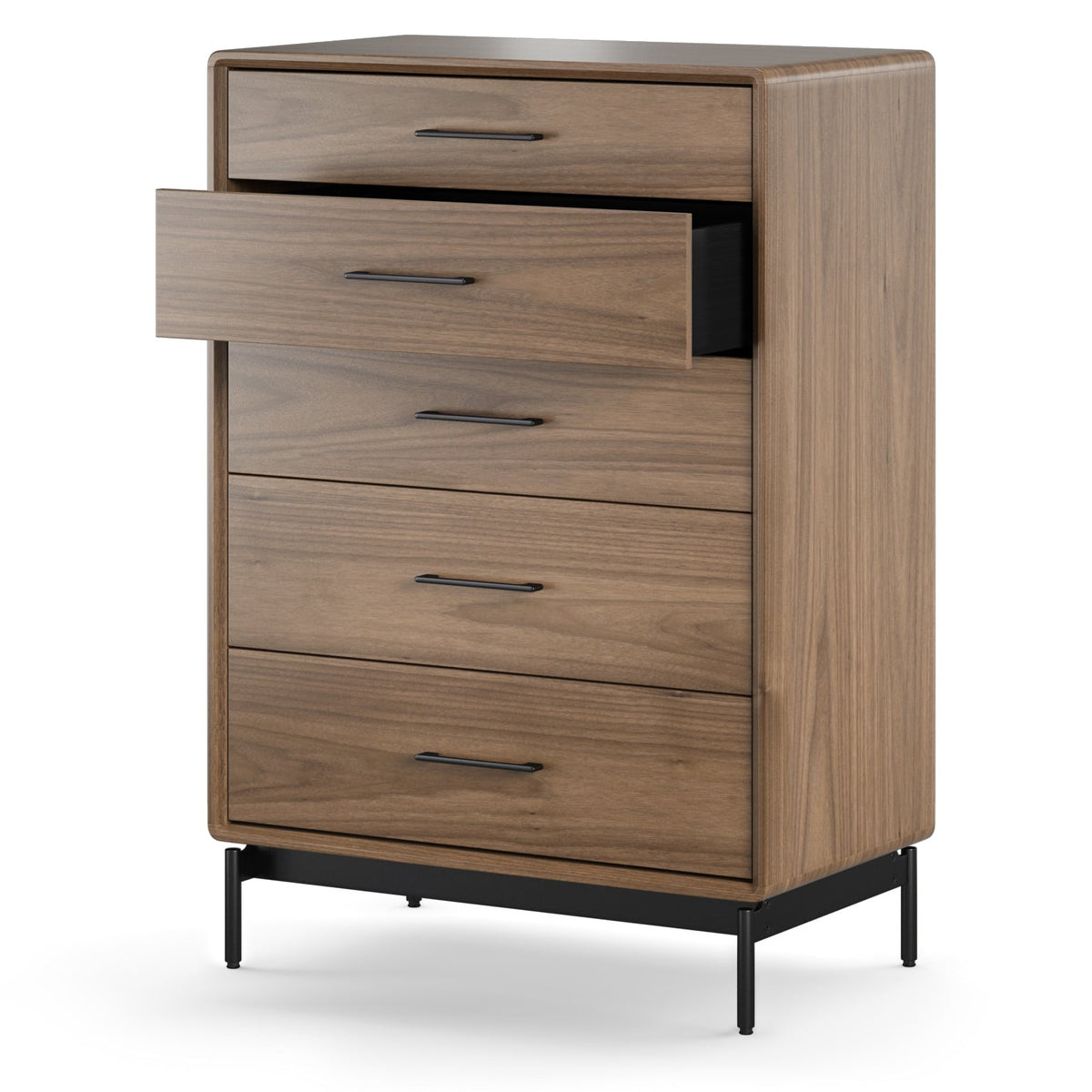 BDi Linq 9185 5 Drawer Chest in Natural Walnut, angled view with a drawer open, on white