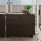 BDi Sequel 20 6116 Lateral File Cabinet in Charcoal Stained Ash, with a black base, beside a multi-function cabinet