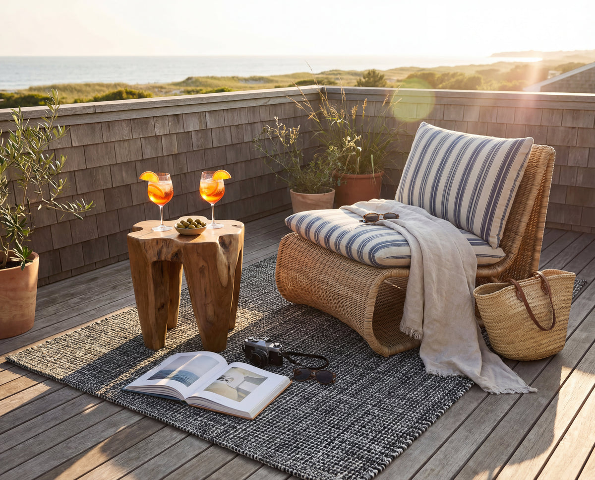 Dash & Albert Fusion Handwoven Indoor/Outdoor Rug in Black, deck setting