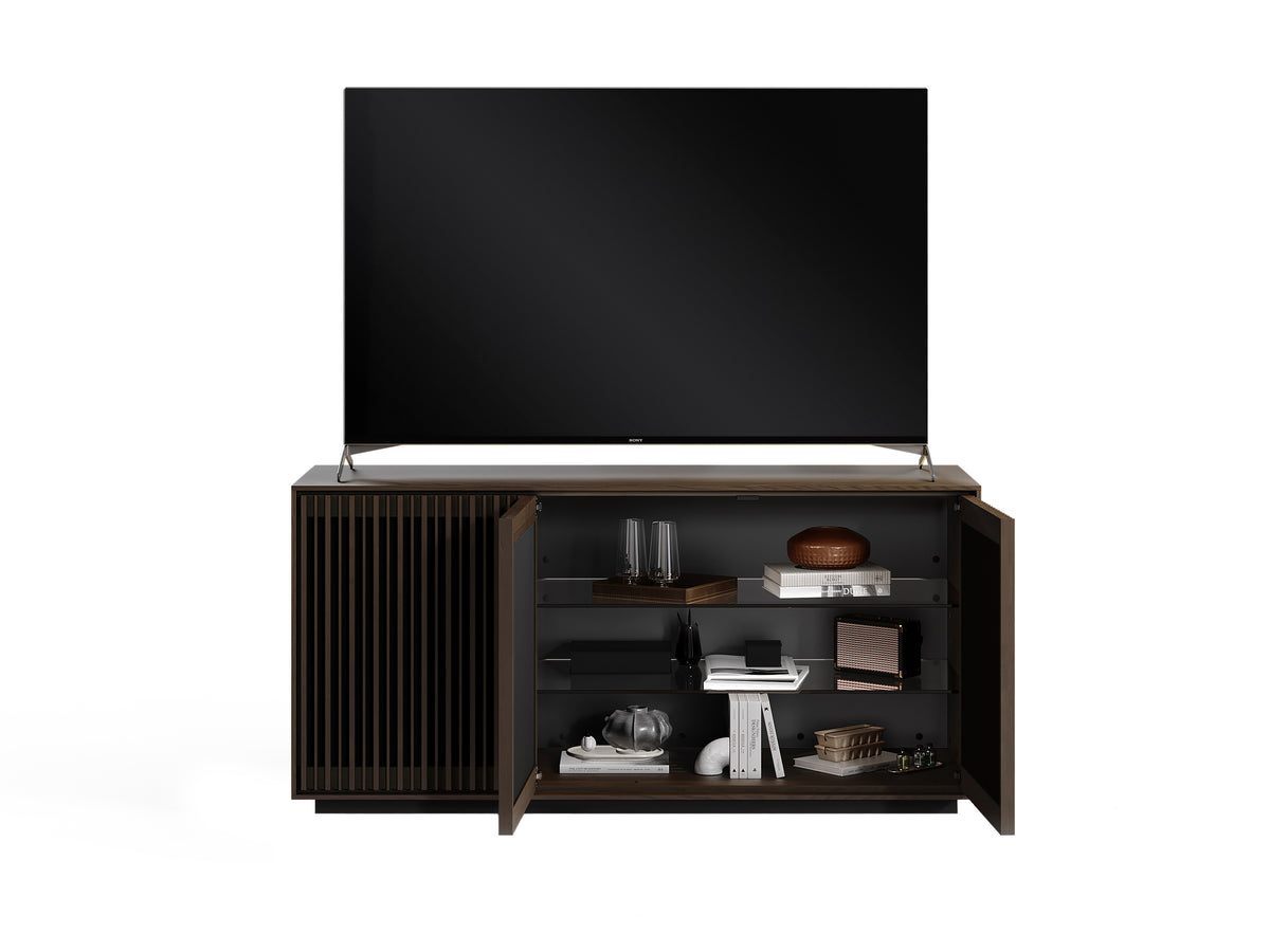 BDi Profile 8477 3-Door Media & Storage Console in Toasted Oak, two doors open with a TV, on white