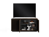 BDi Profile 8477 3-Door Media & Storage Console in Toasted Oak, two doors open with a TV, on white