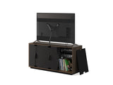 BDi Profile 8477 3-Door Media & Storage Console in Toasted Oak, back view with a TV and a rear panel off, on white