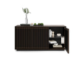 BDi Profile 8477 3-Door Media & Storage Console in Toasted Oak, right door open with books and decor, on white