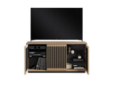 BDi Profile 8477 3-Door Media & Storage Console in Washed Oak, outer doors open with a TV and media equipment, on white