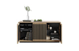 BDi Profile 8477 3-Door Media & Storage Console in Washed Oak, outer doors open with media equipment and decor, on white