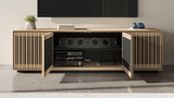 BDi Profile 8479 4-Door Media & Storage Console in Washed Oak, middle doors open with a centre speaker and media equipment