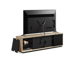 BDi Profile 8479 4-Door Media & Storage Console in Washed Oak, back view with a TV and a rear panel off, on white