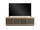 BDi Profile 8479 4-Door Media & Storage Console in Washed Oak, front view with a TV, closed, on white