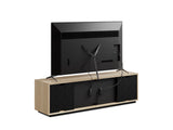 BDi Profile 8479 4-Door Media & Storage Console in Washed Oak, back view with a TV and cables, on white