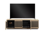 BDi Profile 8479 4-Door Media & Storage Console in Washed Oak, two doors open with a TV and media equipment, on white