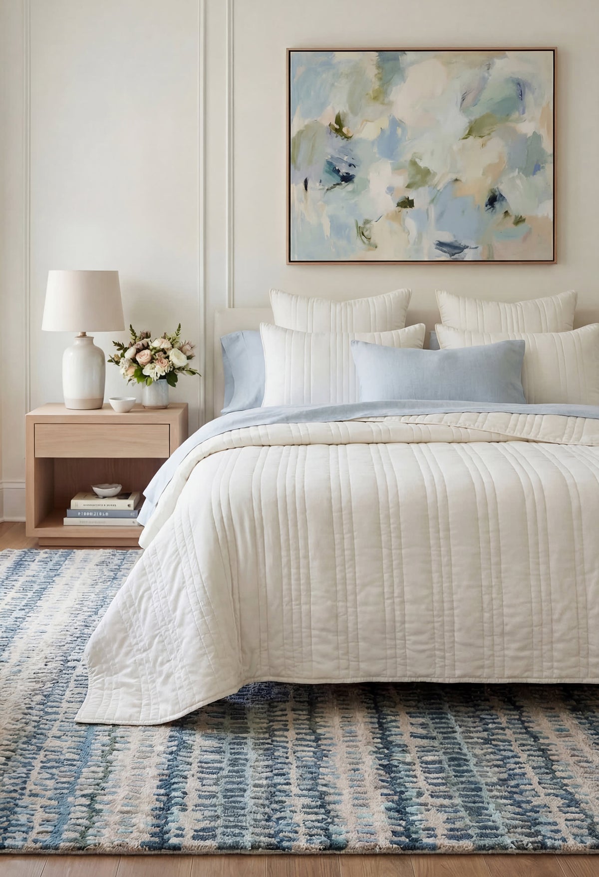 Dash & Albert Paint Chip Hand Micro Hooked Wool Rug in Blue, bedroom setting