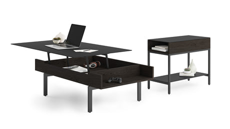 BDi Reveal 1196 End Table in Charcoal Stained Ash, with the matching lift-top coffee table, on white